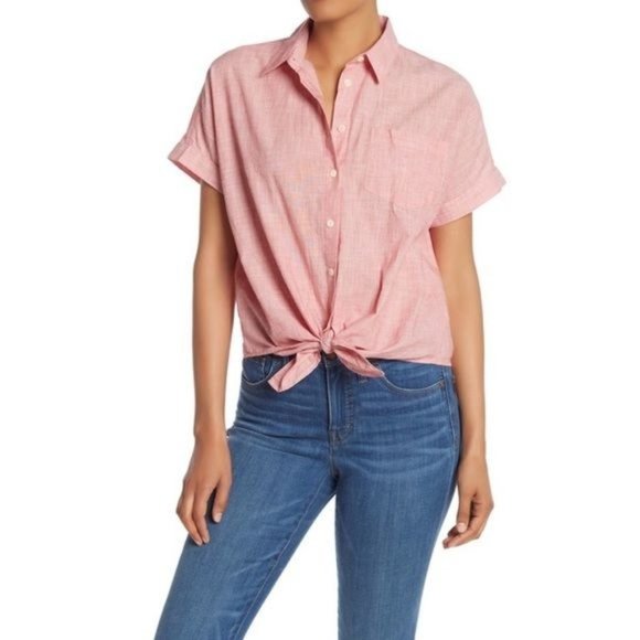 🌼HP🌼Madewell End On End Red Tie Front Button Down Top - Size M - Picture 2 of 7